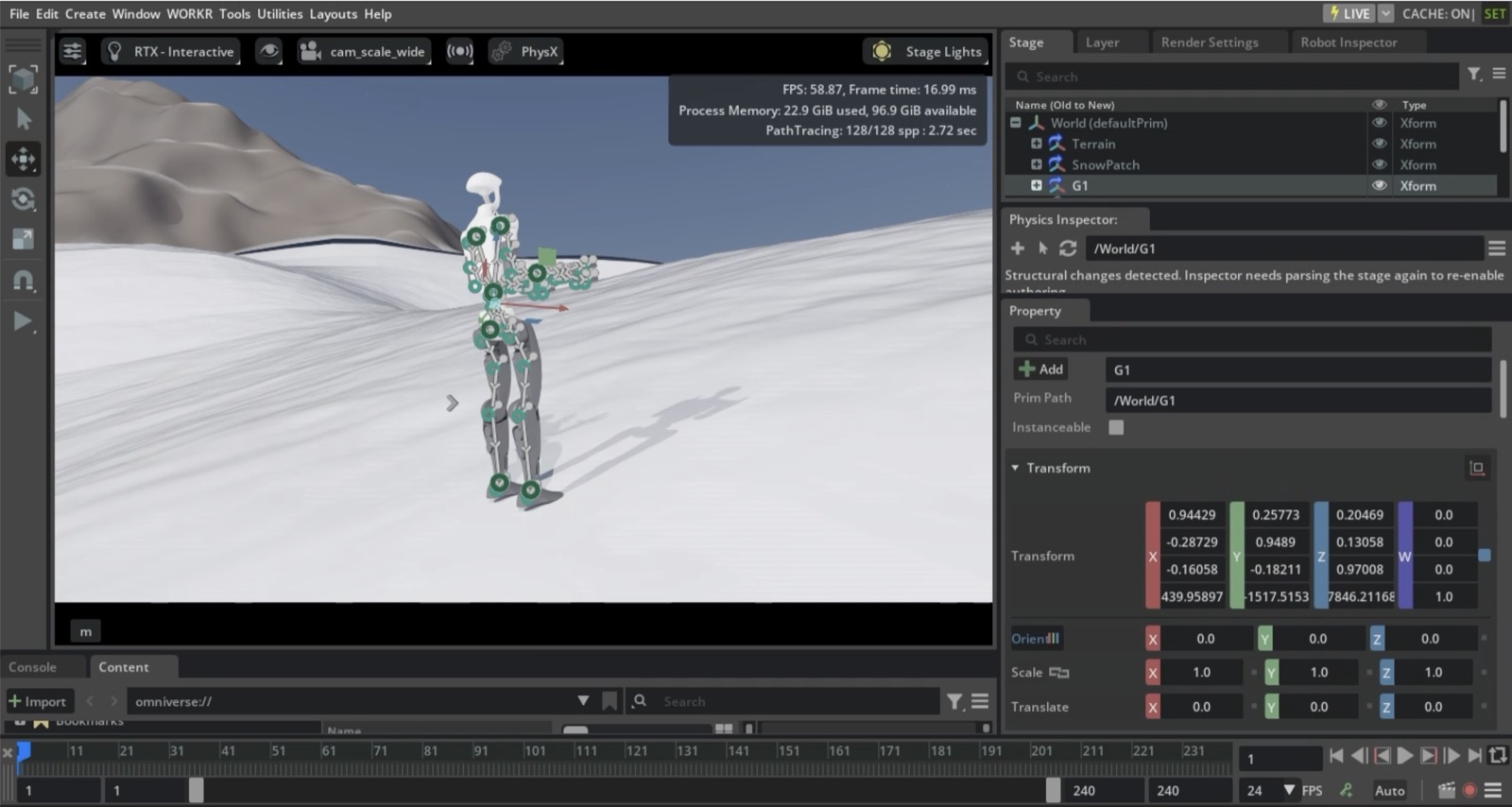 Isaac Sim - Unitree G1 on Everest terrain with joint physics and stage tree